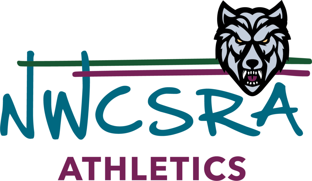 This logo is for the Athletics Program. "NWCSRA" is in the middle in blue, with "Athletics" right below it in purple. There is a grey wolf head just above the blue letters, with green and purple lines stretching out behind the head.