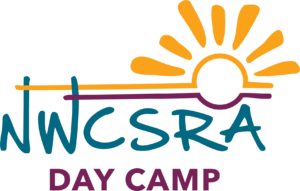 This logo is for the Day Camp. "NWCSRA" is in the middle in blue, with "Day Camp" right below it in purple. There is a sun just above the blue letters, with yellow on top and purple on the bottom. Instead of the colors touching to complete the sun, both colors diverge and stretch outward.