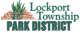 This logo has green lettering that reads "Lockport Township Park District." To the left of the letters is a tan colored rock formation with green grass in front of it.