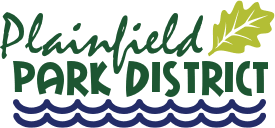 This logo has green lettering that reads "Plainfield Park District." Right below the words are two blue lines representing water. To the top right of the words is a light green leaf.