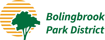 On the left side of the logo, there is yellow and white stripes representing the sun. A green tree is in front of it. On the right, there is green lettering that reads "Bolingbrook Park District."