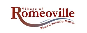 This logo has a white background with red lettering. It reads "Village of Romeoville, Where Community Matters."