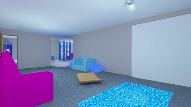 A sensory room with beige walls, grey floors, and neon pink and blue couches. There is a projector screen on the wall, a bright blue rug on the floor, and four blue light poles in the background.