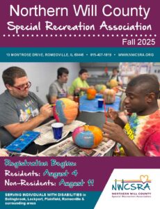 Cover of Fall 2025 Brochure 4 men painting pumpkins at a table indoors.