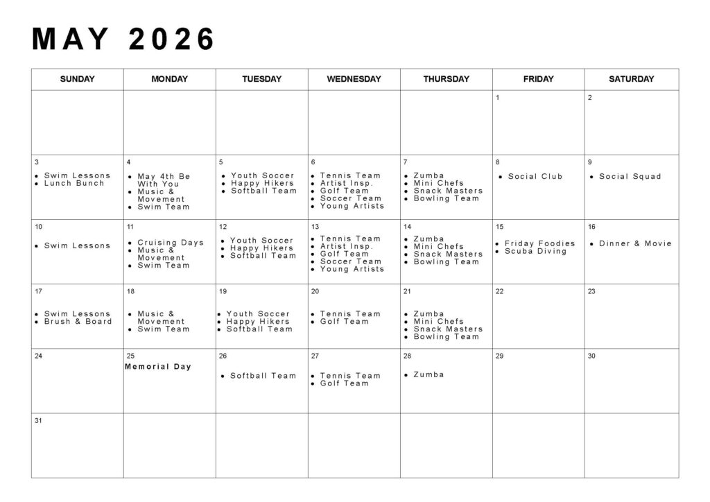 May 2026 Calendar with program listings