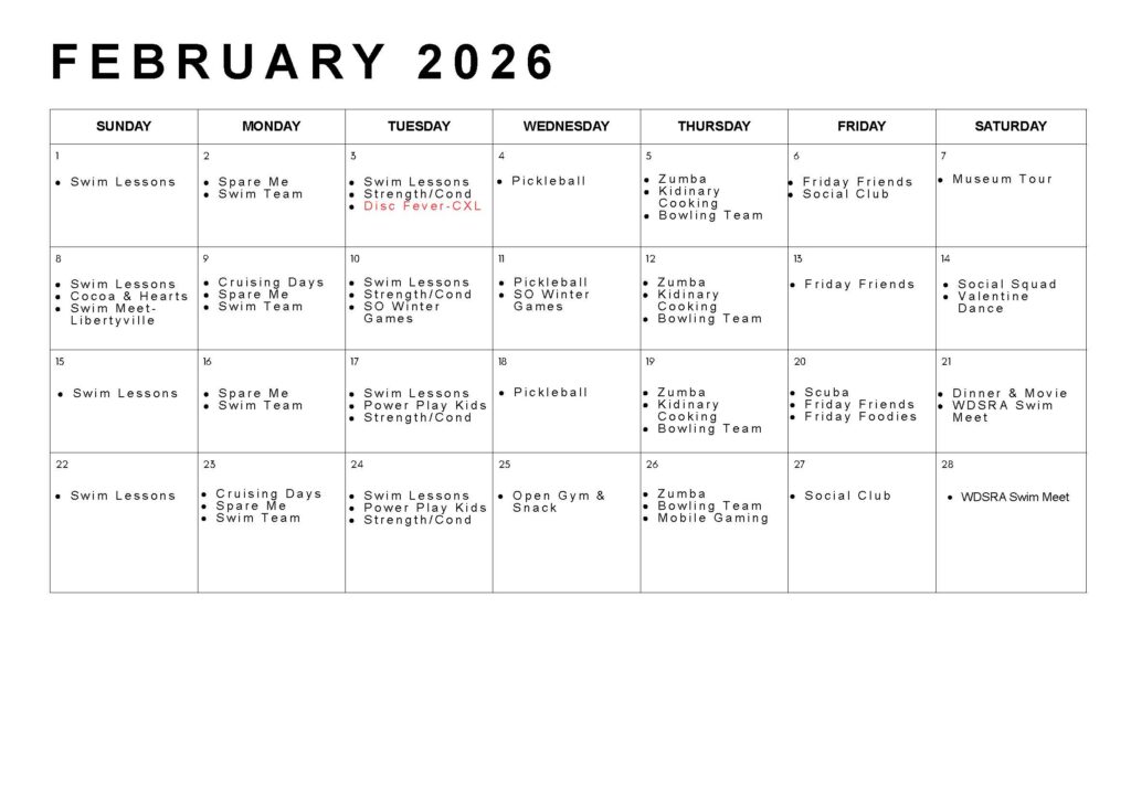 February 2026 Calendar with program listings