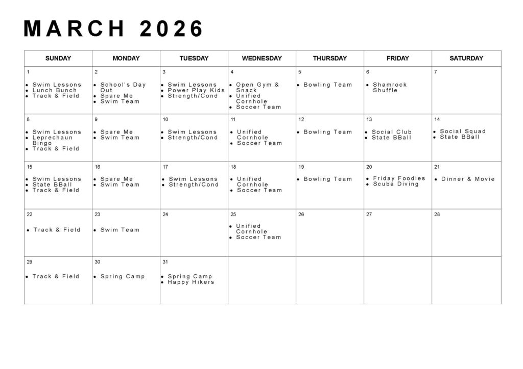 March 2026 Calendar with program listings