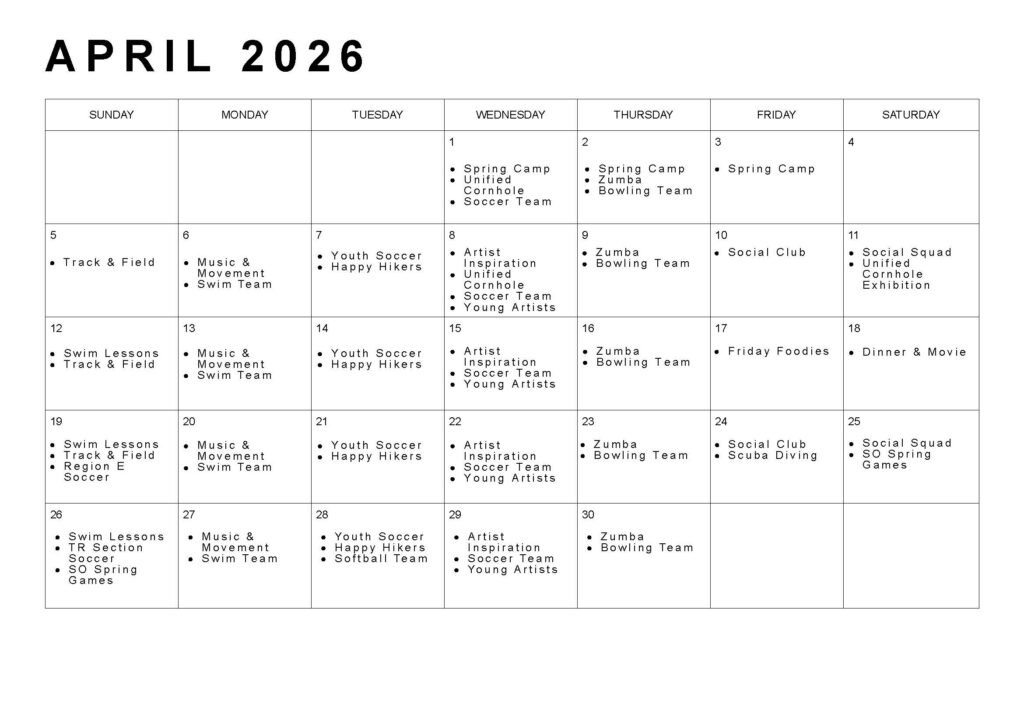 April 2026 Calendar with program listings